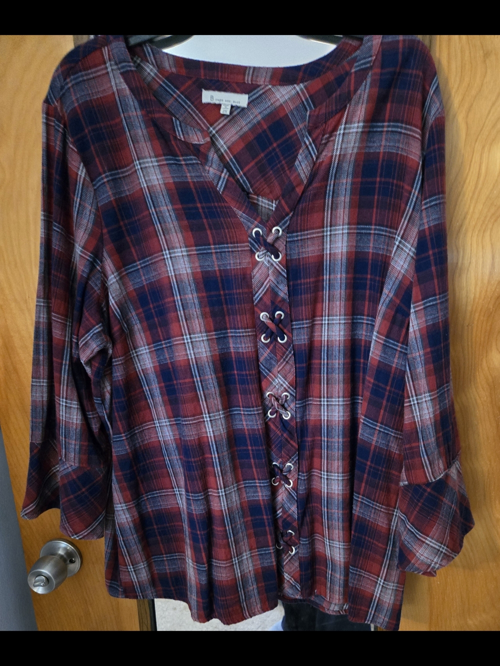 Skies Are Blue Red and Navy Plaid Lace-Up Tunic